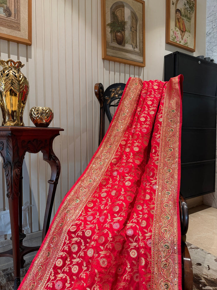 Rani Red Heavy Zari Floral Saree with Embellished Paisley Border & Grand Pallu