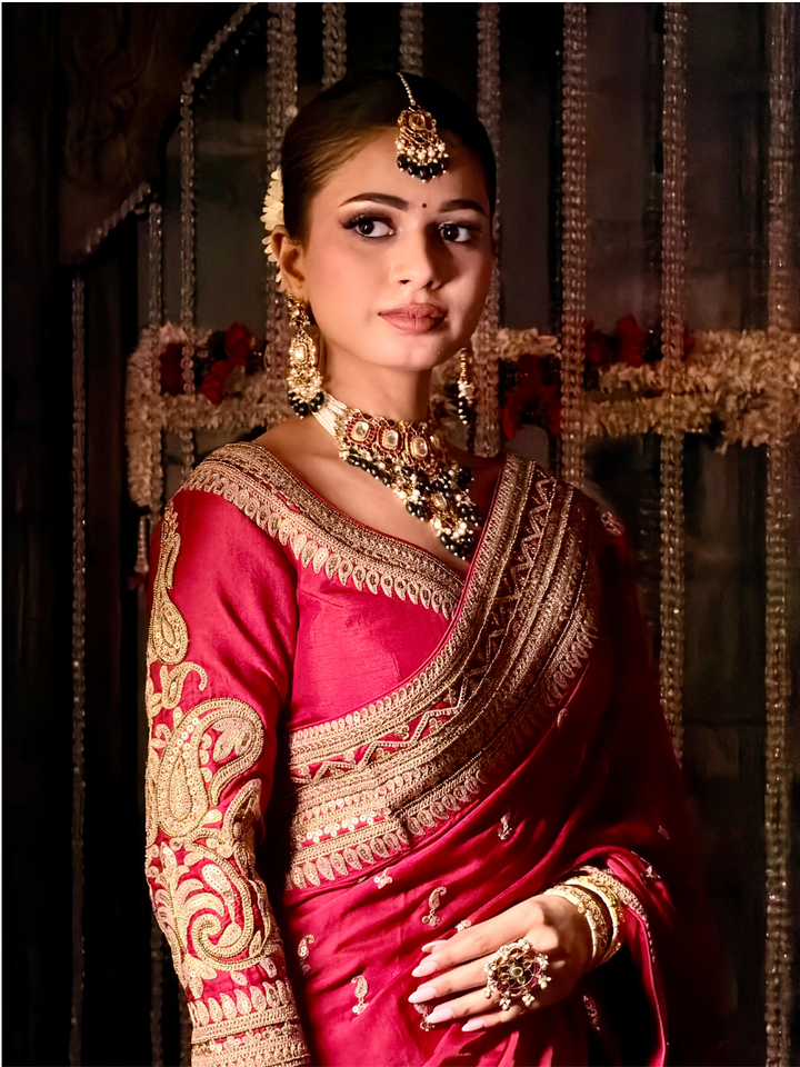 Zari Embroidered Silk Saree with Sequin Butti in Maroon Red