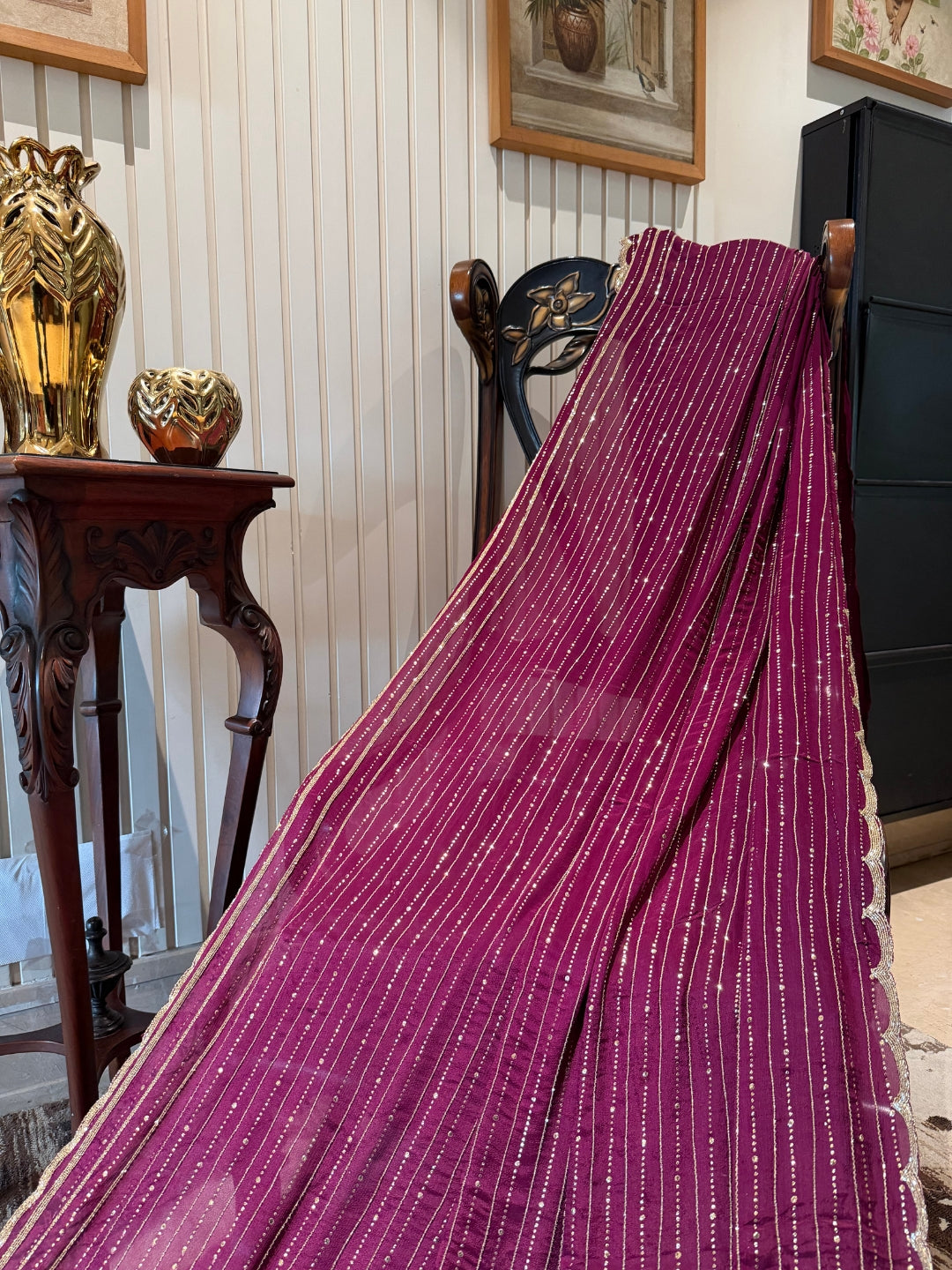 Magenta Chiffon Vertical Stripe Sequin Embellished Saree with Scalloped Sequin Border.