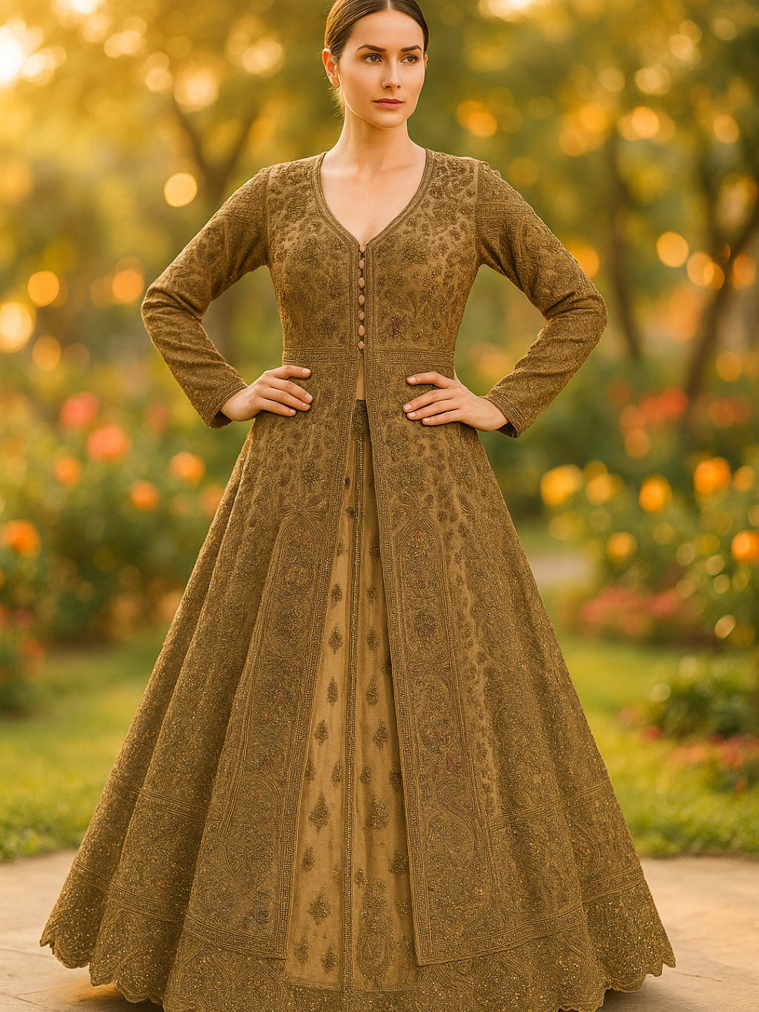 Antique Gold Zardozi Embroidered Long Jacket Gown with Intricate Detailing