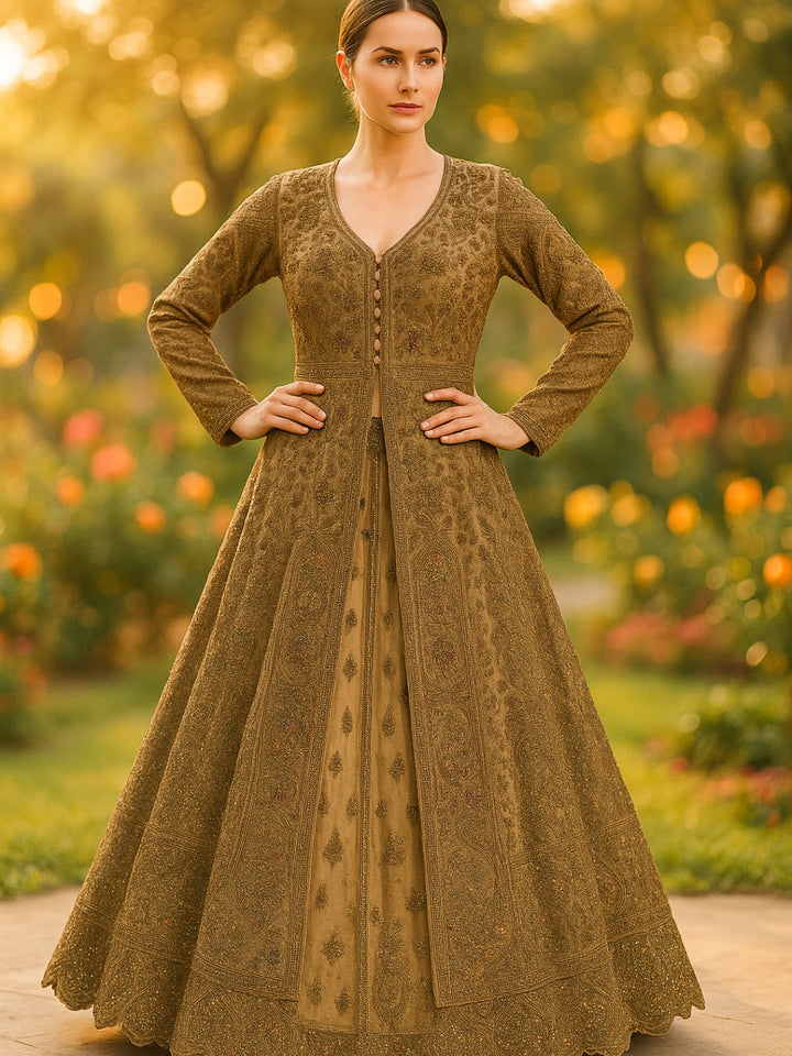 Antique Gold Zardozi Embroidered Long Jacket Gown with Intricate Detailing