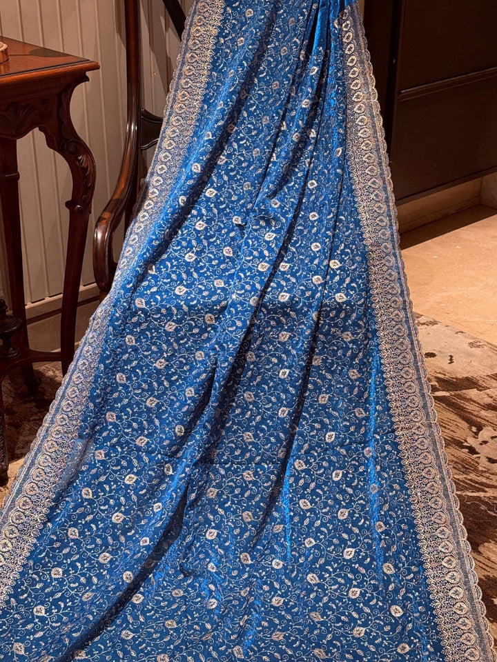 Saree with Heavy Silver Zari Floral Embroidery & Ornate Broad Border