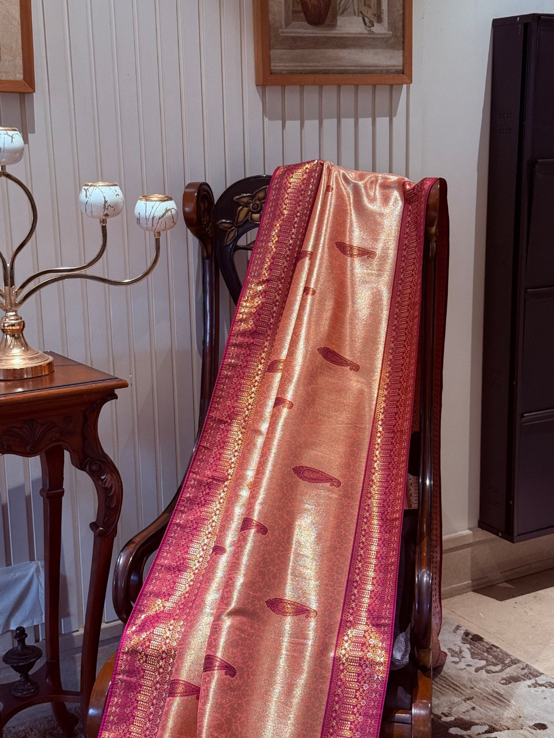 Rose Gold Banarasi Art Silk Saree with Magenta Zari Border & Paisley Butta, Tassel Pallu