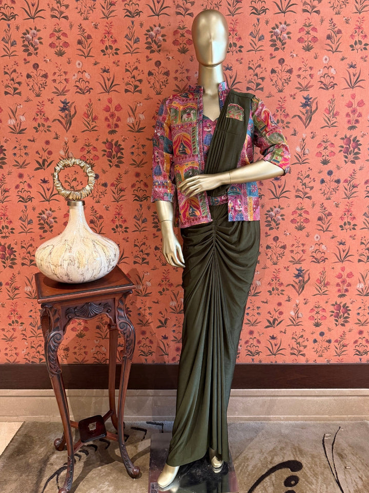 Olive Drape Saree with Multicolour Rajasthani Print Jacket, Pintucks and Gathered Pleats