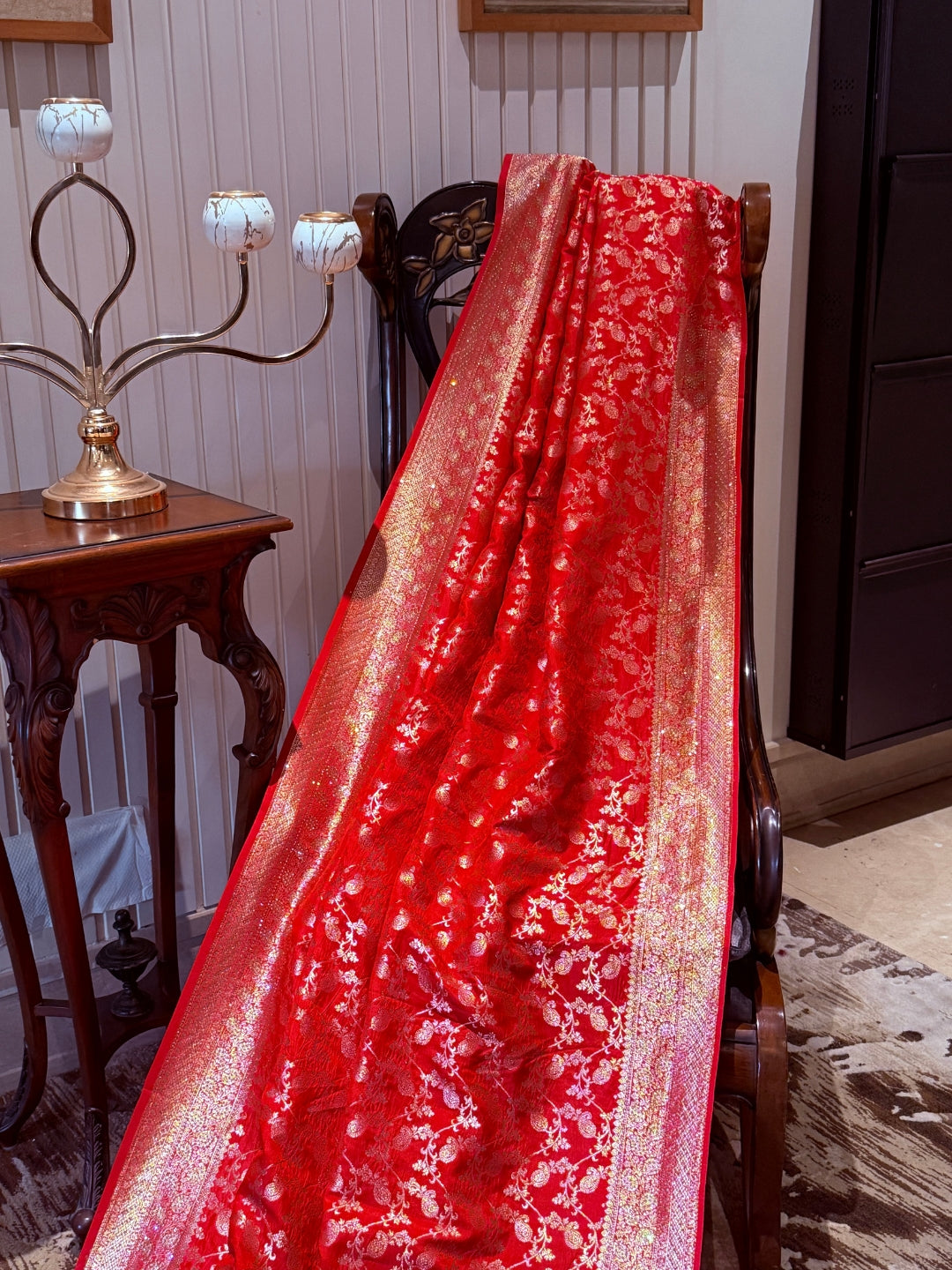 Banarasi Art Silk Saree with Gold Zari Floral Paisley Motifs & Brocade Border