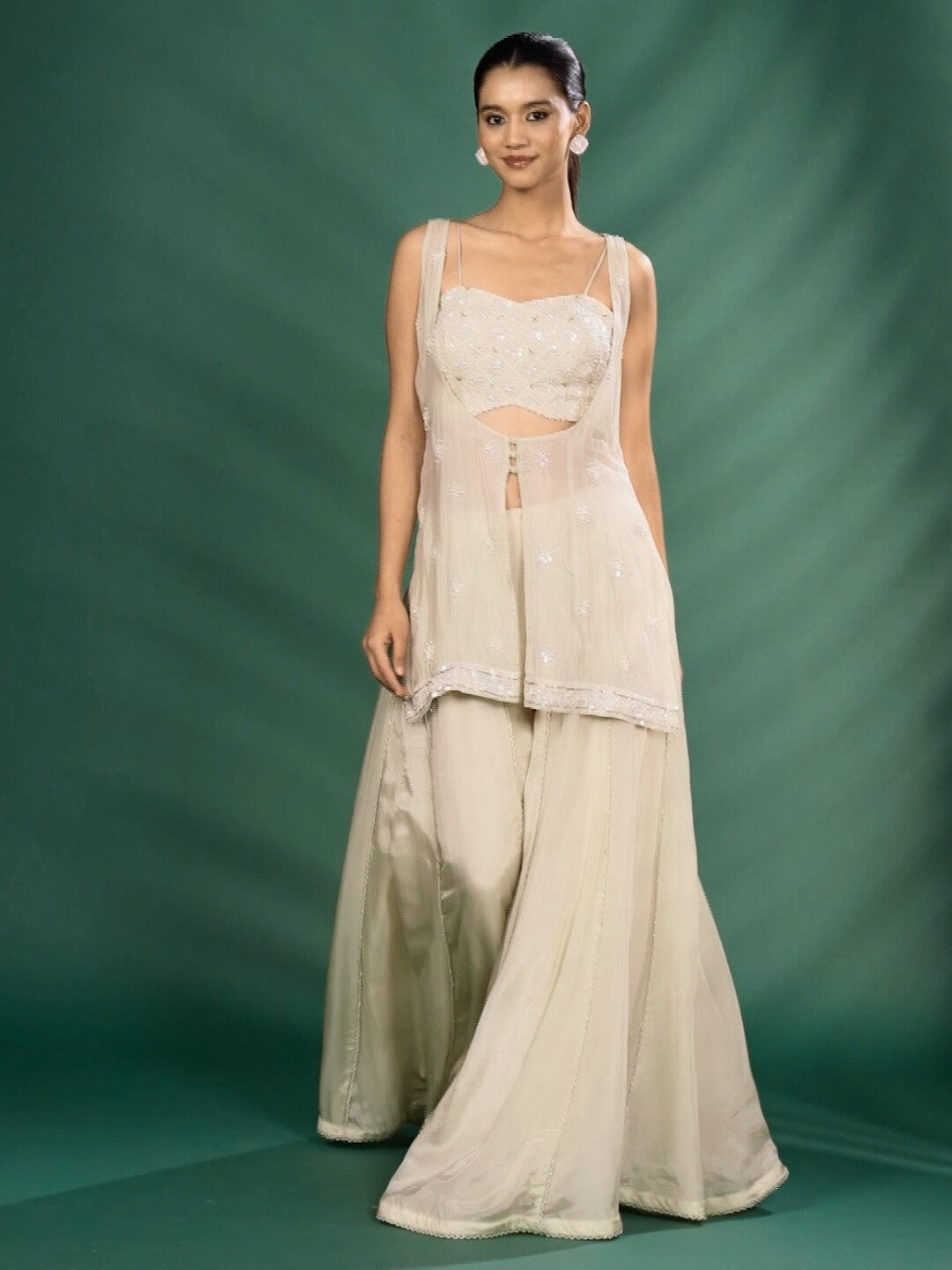 Embroidered Bustier with Sheer Jacket Kurta Set with Flared Palazzo
