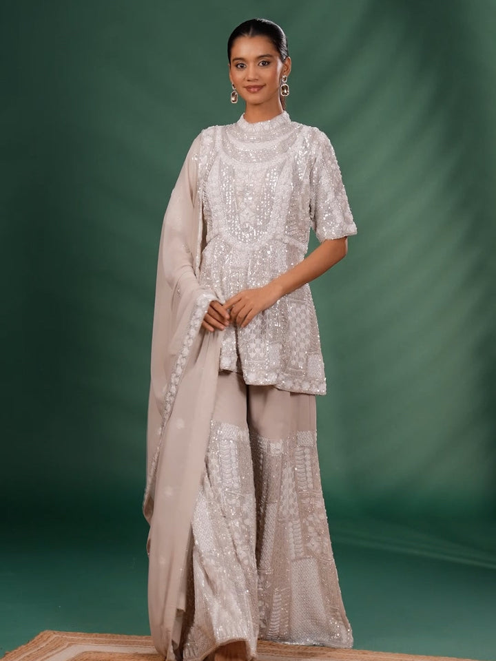 Sequin Embroidered Short Kurta with Flared Sharara and Dupatta Set