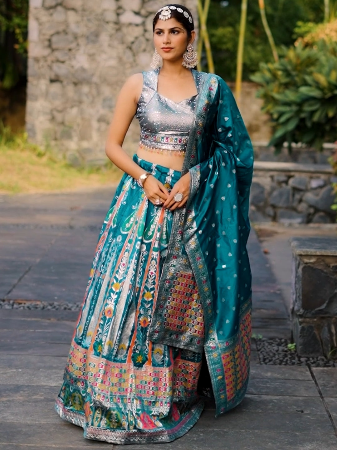 Mirror Work Silk Lehenga Set with Banarasi Weave Dupatta, Multicolor Thread Embroidery