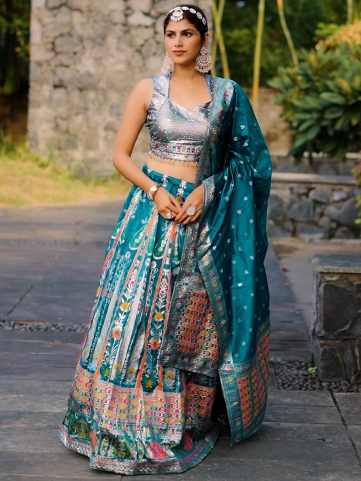 Mirror Work Silk Lehenga Set with Banarasi Weave Dupatta, Multicolor Thread Embroidery