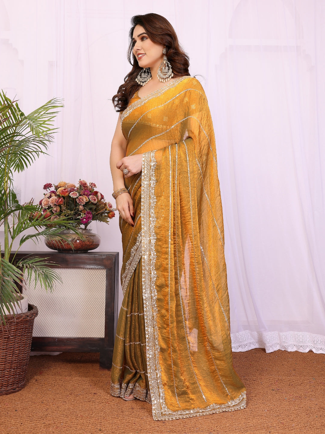 Shimmer Saree with Diagonal Sequin Lines & Heavy Stone Embroidered Border