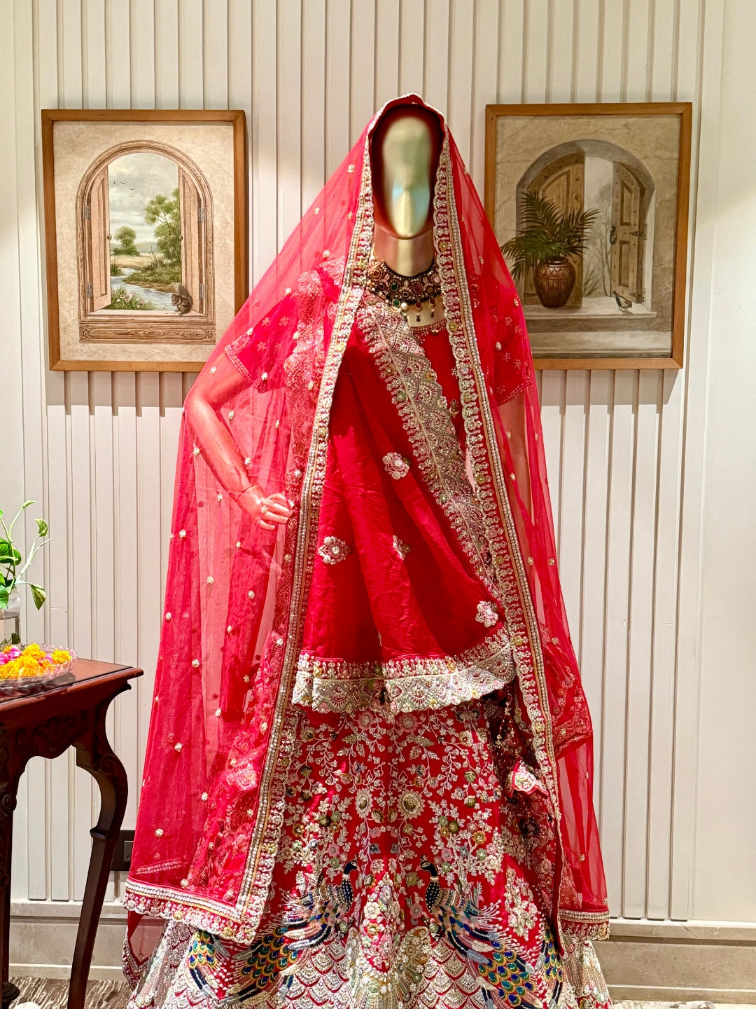 Bridal Lehenga with Heavy Peacock Embroidery, Floral Zardozi Work & Embellished Dupatta