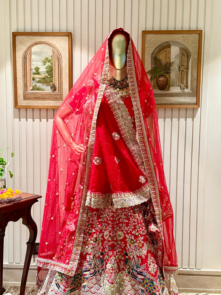 Bridal Lehenga with Heavy Peacock Embroidery, Floral Zardozi Work & Embellished Dupatta