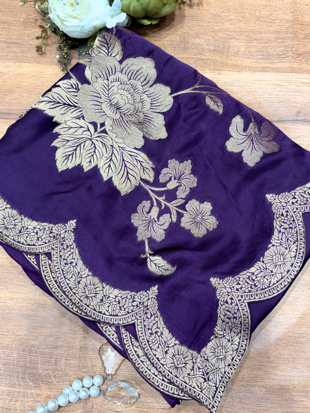 Purple Silk Golden Zari Woven Floral Saree with Scalloped Border
