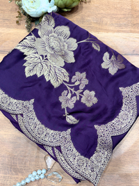 Purple Silk Golden Zari Woven Floral Saree with Scalloped Border