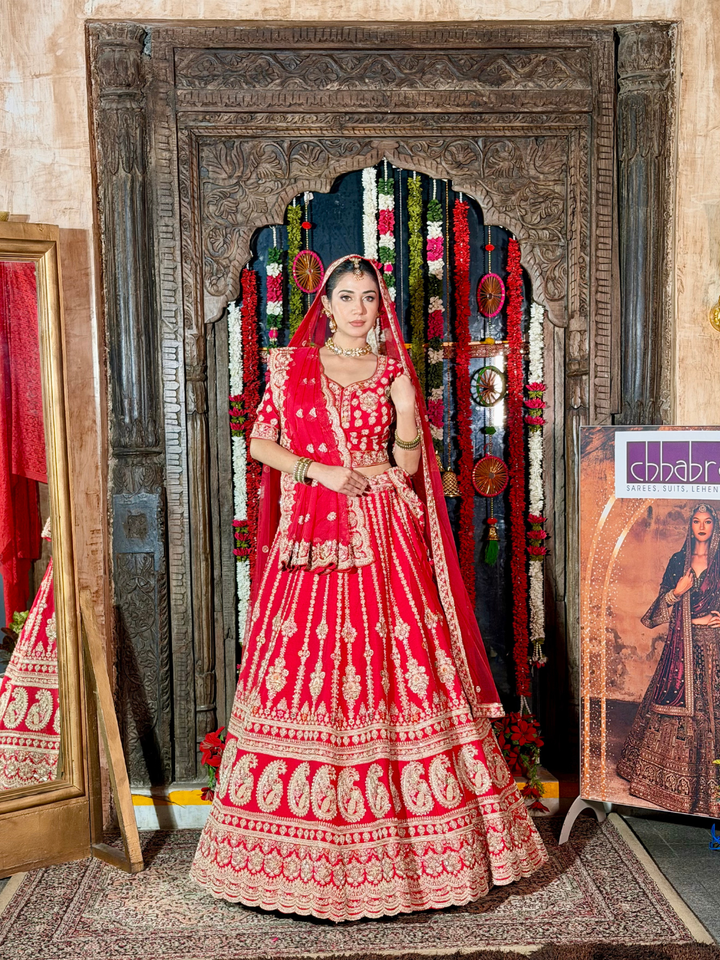 Silk Heavy Zari & Sequin Embroidered Paisley & Floral Lehenga Choli with Net Dupatta