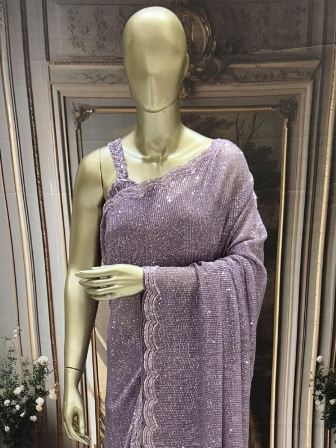 Heavy Sequin Embroidered Party Saree with Scalloped Border & Striped Blouse