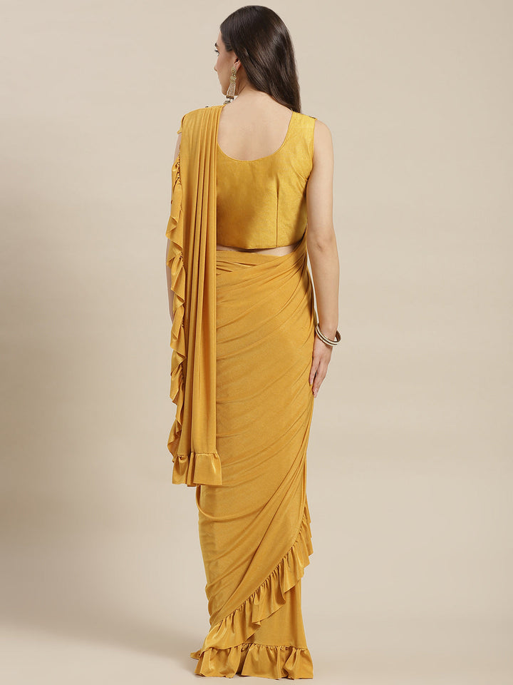Mustard Pre-Stitched Draped Metallic Applique Embroidery Ruffled Saree