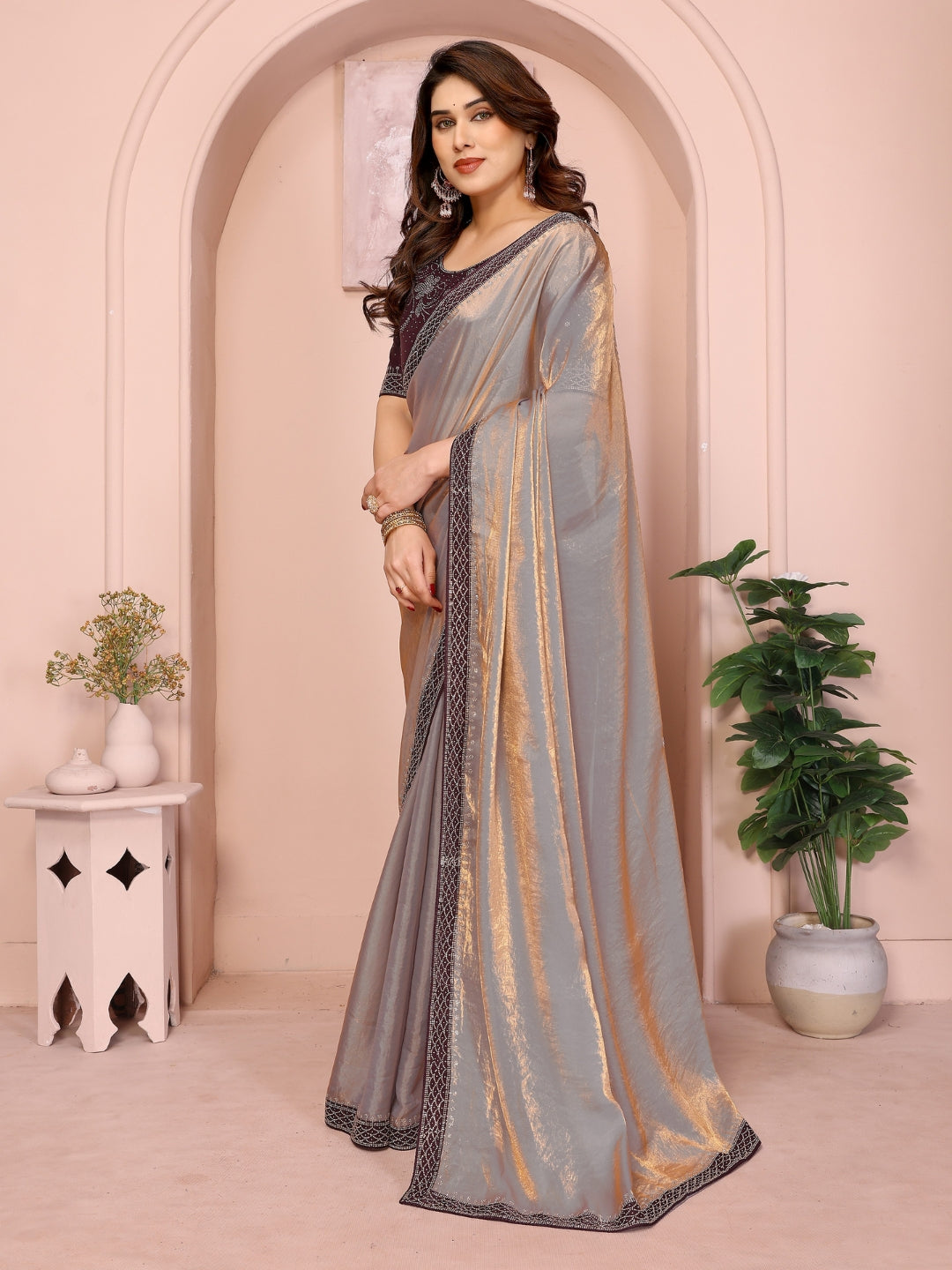 Shimmer Saree with Wine Embellished Blouse & Geometric Stone Work Border