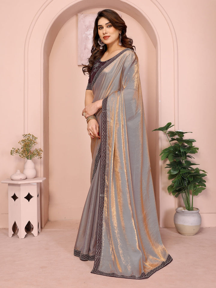 Shimmer Saree with Wine Embellished Blouse & Geometric Stone Work Border