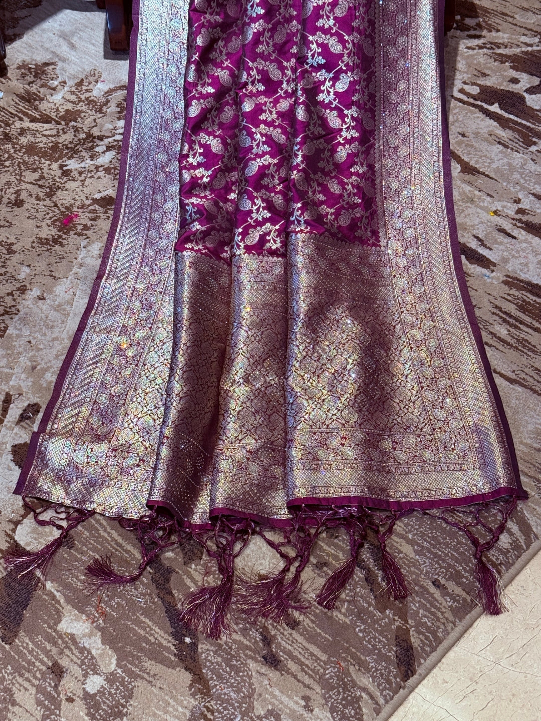 Banarasi Art Silk Saree with Antique Gold Floral Jali & Wide Brocade Border