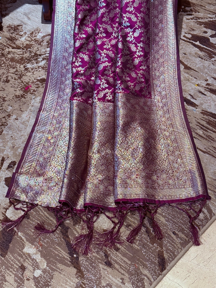 Banarasi Art Silk Saree with Antique Gold Floral Jali & Wide Brocade Border