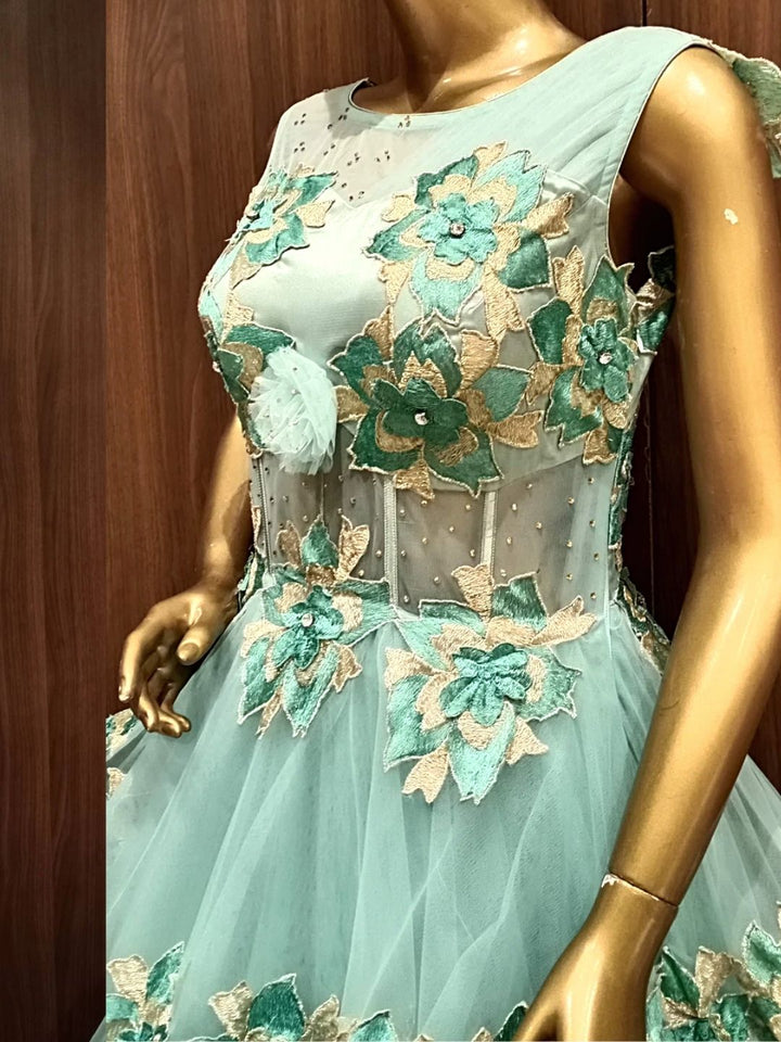 Green Net Flared Barbie Style Gown with Floral Resham Embroidery
