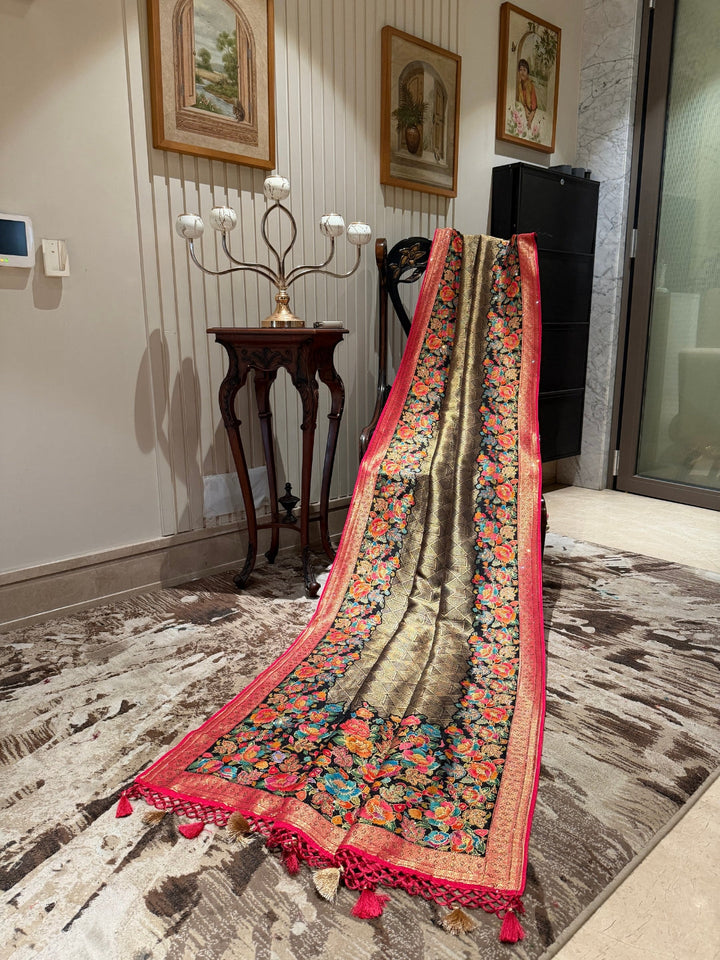 Black Banarasi Saree with Gold Woven Panel, Floral Jaal and Red Zari Tassel Pallu