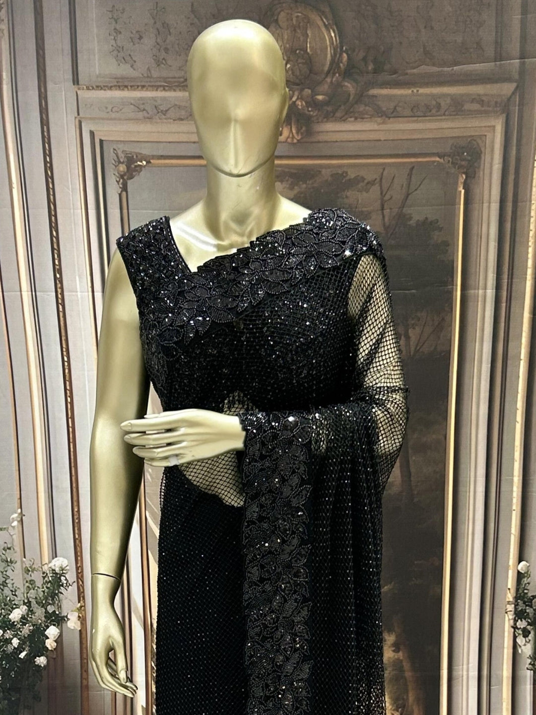 Heavy Bead & Sequin Embroidered Net Saree with Floral Border and Designer Blouse