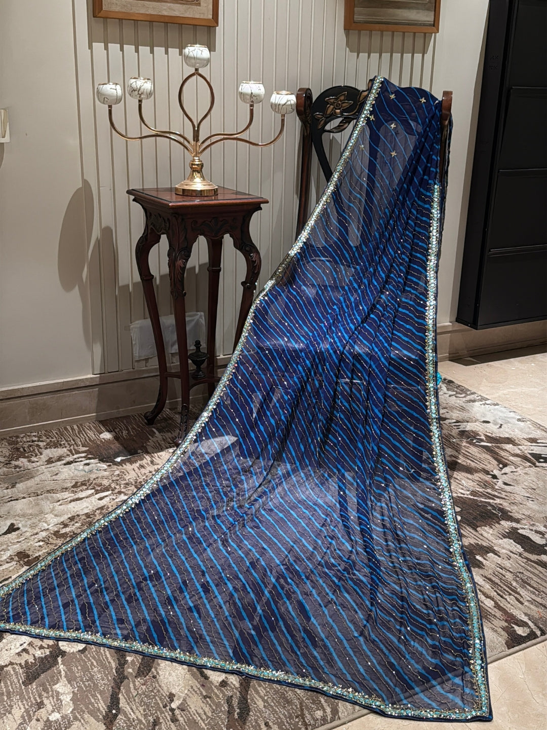 Navy Blue Saree with Turquoise Stripes, Silver Sequins & All-Over Mirror Work Border