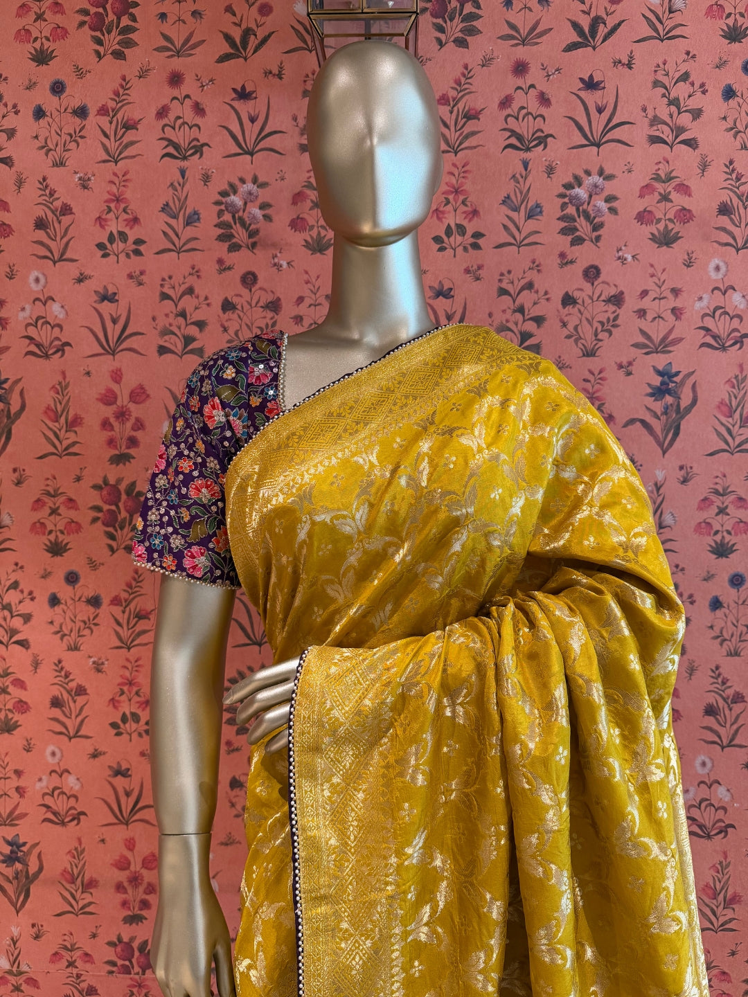 Mustard Yellow Saree with All-Over Zari Woven Floral Jaal & Embellished Border