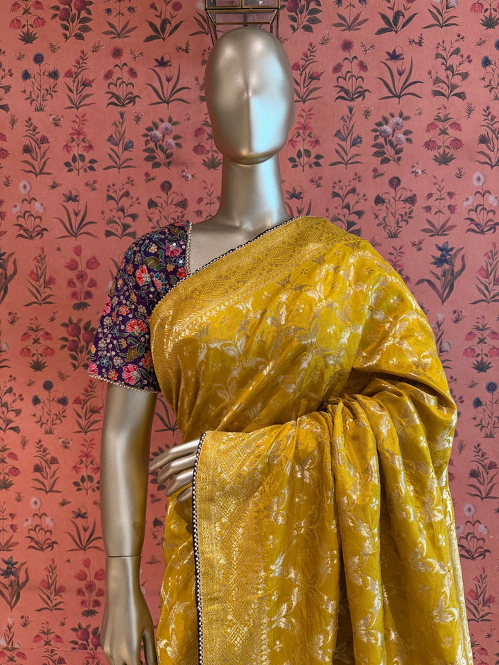 Mustard Yellow Saree with All-Over Zari Woven Floral Jaal & Embellished Border