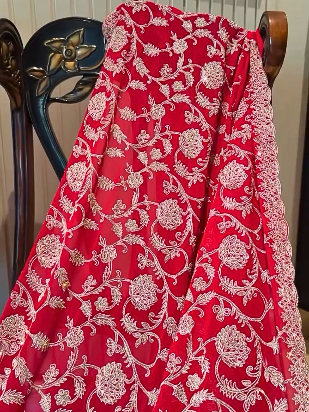 Royal Red Saree with Intricate Silver Zari Embroidery & Scallop Border