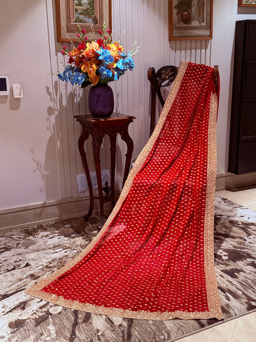 Georgette Saree with All-over Gold Butti Motifs & Grand Ornate Heavy Zari Border