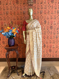 Off White Gold Zari Woven Floral Saree with Rich Pallu and Contrast Red Edging