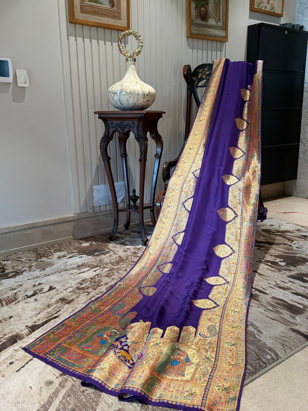 Purple Saree with Heavy Ethnic Gold Border, Leaf Motifs & Royal Procession Digital Work