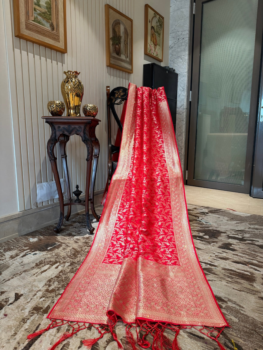 Red Floral Jaal Zari Woven Banarasi Art Silk Saree with Broad Golden Borders.