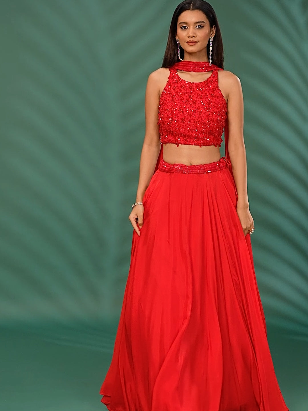 Georgette Sequin & Bead Embroidery Crop Top Lehenga with Dupatta