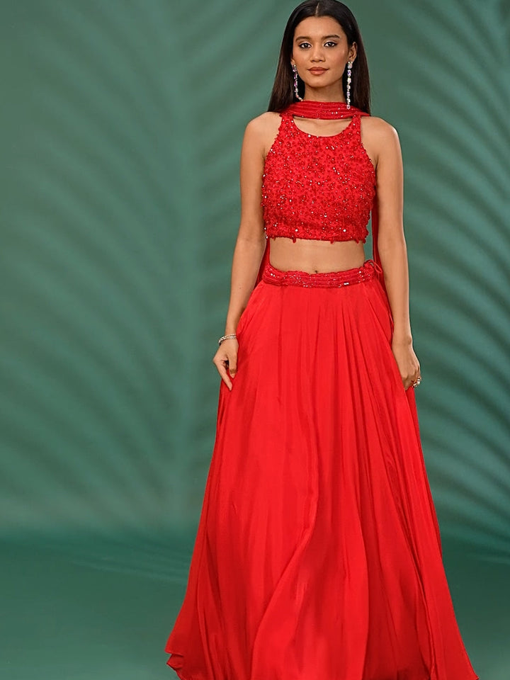 Georgette Sequin & Bead Embroidery Crop Top Lehenga with Dupatta