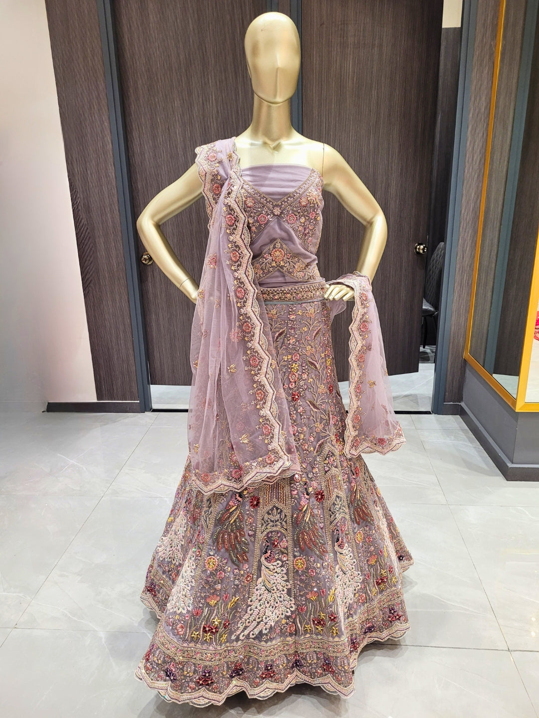 Lavender Embroidered Lehenga with Peacock Motifs & Beaded Floral Work