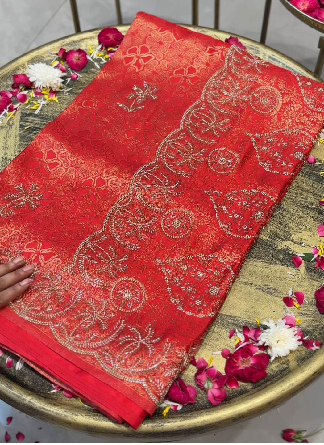 Banarasi Silk Zari Woven Floral Jaal Saree with Cutdana & Sequin Embroidered