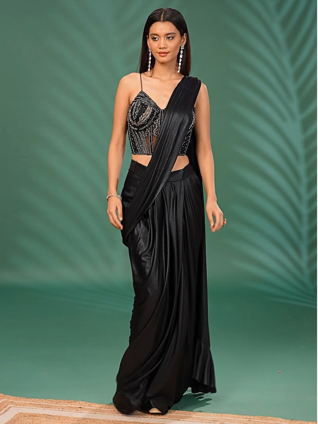Indo-Western Pre-Draped Saree with Sequined Corset Blouse & Ruffle Pallu