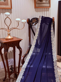 Navy Blue Georgette Saree with Silver Pastel Sequin Floral Embroidered Broad Border