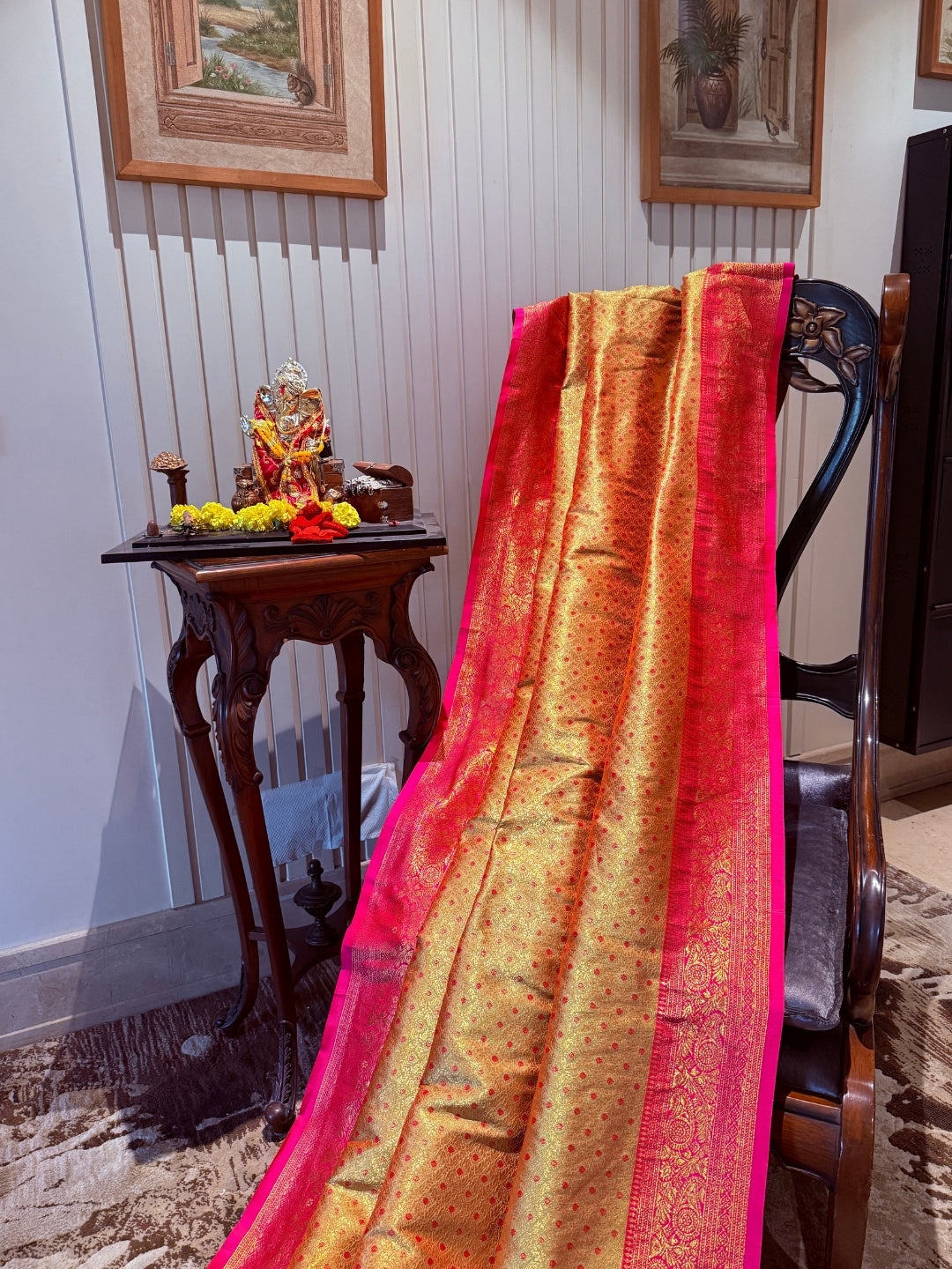 Golden Pink Zari Woven Banarasi Saree with Polka Dot Body & Floral Brocade Border