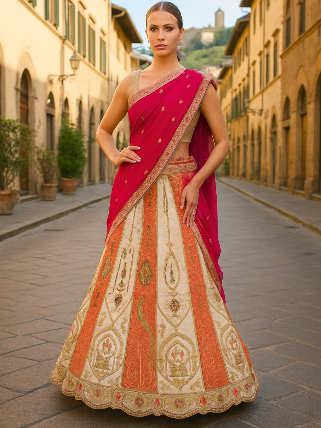 Ivory Orange Silk Lehenga with Pink Dupatta & Zari Embroidery Detailing