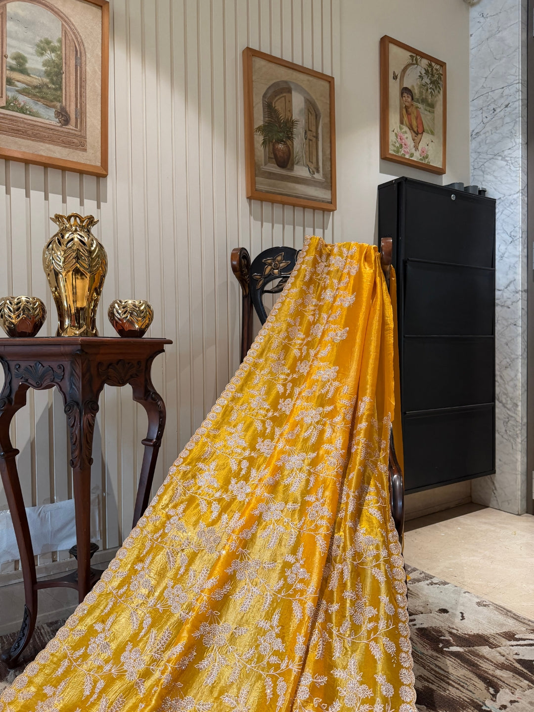 Yellow Floral Embroidered Silk Blend Saree with Ivory Threadwork Border