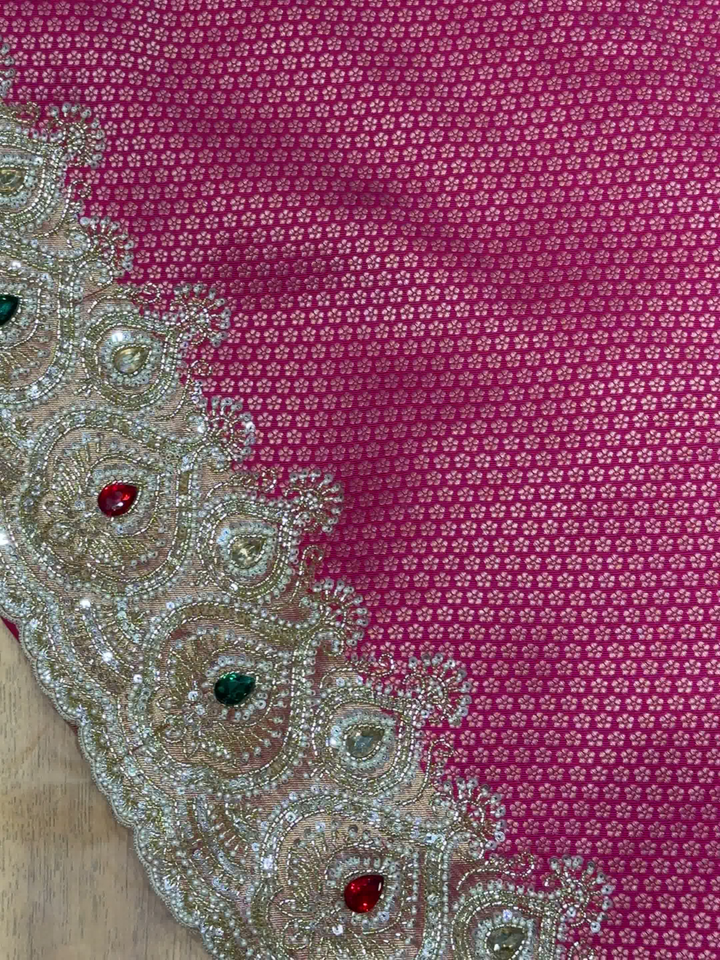 Heavy Saree with Pearl & Stone Embellished Stitched Blouse in Rani Pink
