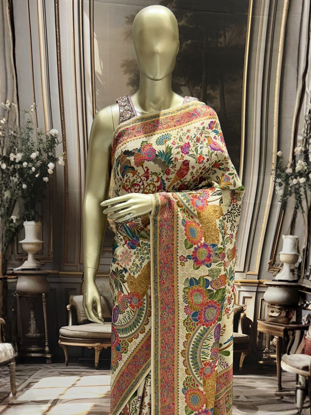 Cream Banarasi Woven Floral Saree with Rani Pink Temple Border and Rich Pallu