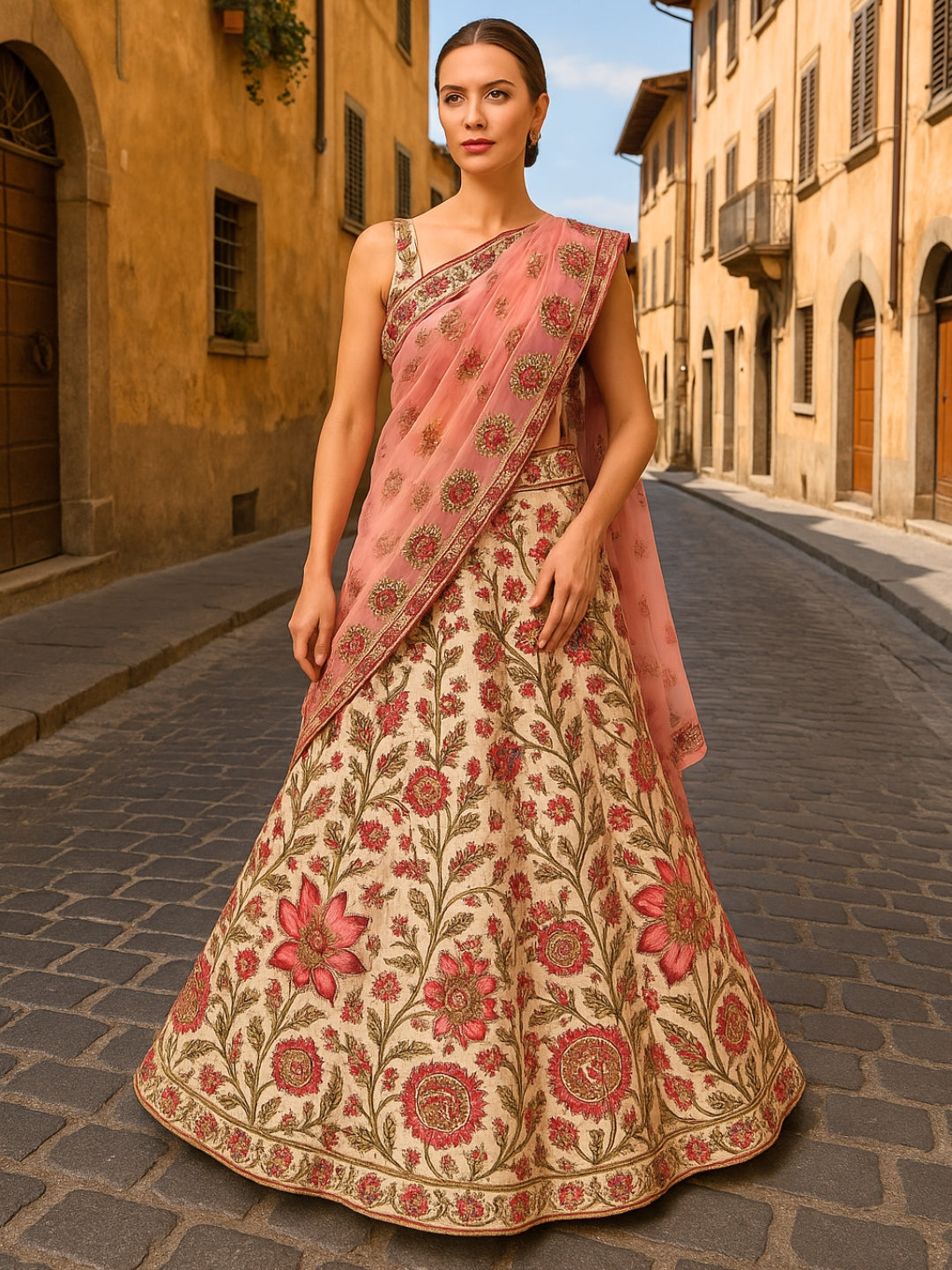 Floral Zari & Sequin Work Embroidered Lehenga with Dupatta & unstitched Blouse