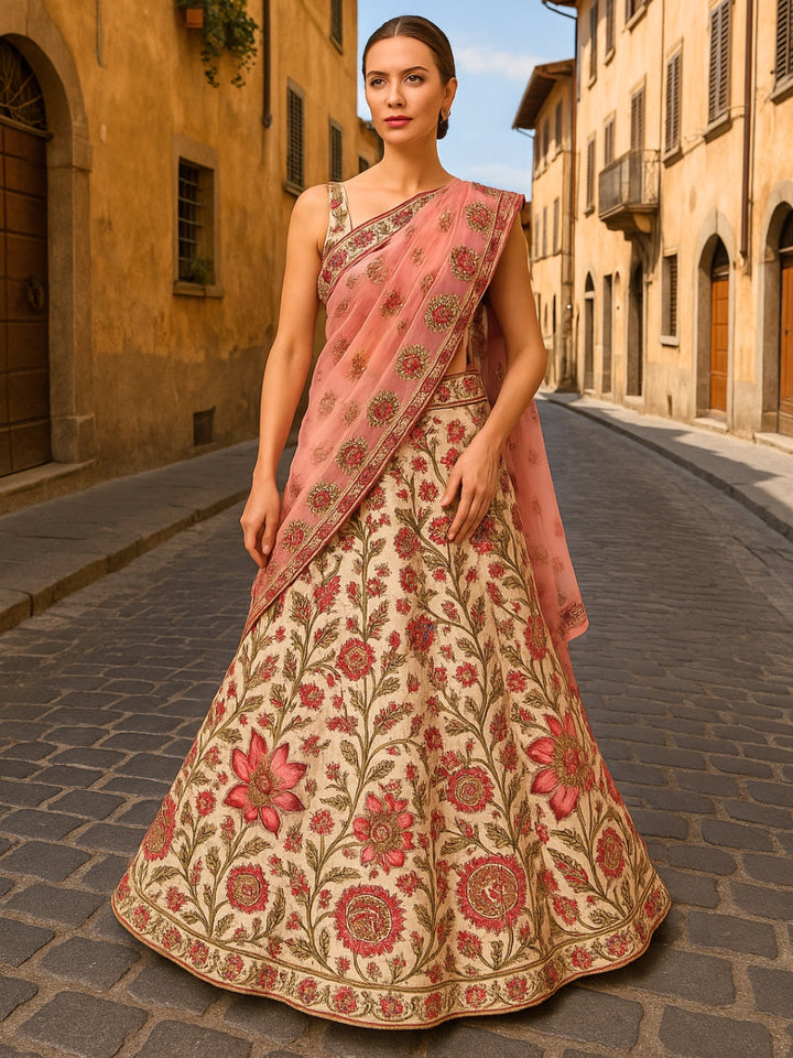 Floral Zari & Sequin Work Embroidered Lehenga with Dupatta & unstitched Blouse