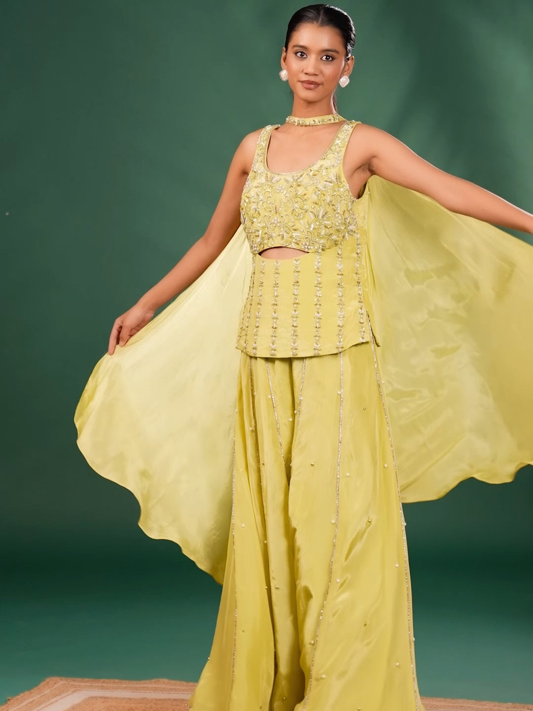 Beads & Stone Work and Embroidered Crop Top Set with Flared Embellished Palazzo and Dupatta